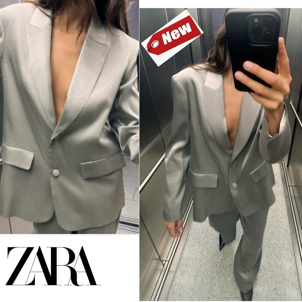 Zara silver metallic shimmer single breasted button front blazer jacket Sz S NWT